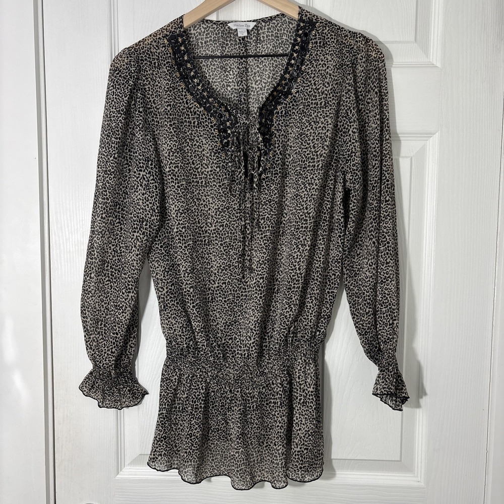 Harlow Zee Womens Top Blouse Boho Designer Leopard Print Shirring Peplum Sz Med